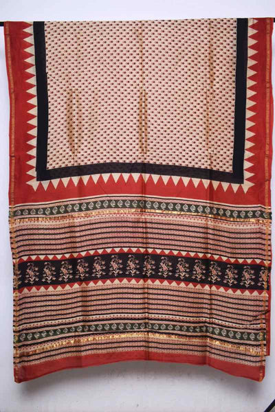 Beige Bagru Block Print Chanderi Silk Saree - SSEthnics