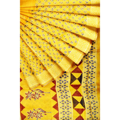 Yellow Bagru Block Print Chanderi Silk Saree - SSEthnics