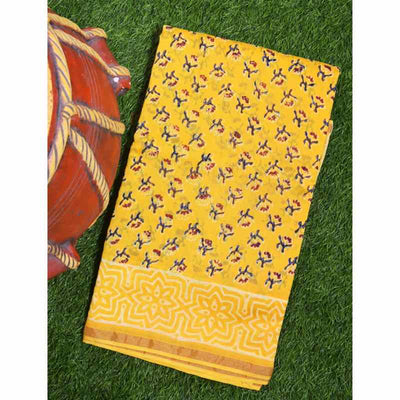 Yellow Bagru Block Print Chanderi Silk Saree - SSEthnics