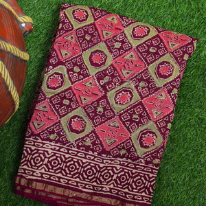 Maroon Bagru Block Print Chanderi Silk Saree - SSEthnics