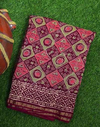 Maroon Bagru Block Print Chanderi Silk Saree - SSEthnics