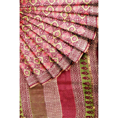 Maroon Bagru Block Print Chanderi Silk Saree - SSEthnics
