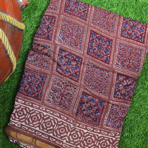 Brown Bagru Block Print Chanderi Silk Saree - SSEthnics