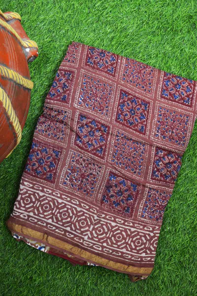 Brown Bagru Block Print Chanderi Silk Saree - SSEthnics
