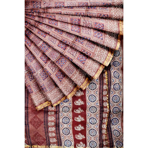 Brown Bagru Block Print Chanderi Silk Saree - SSEthnics