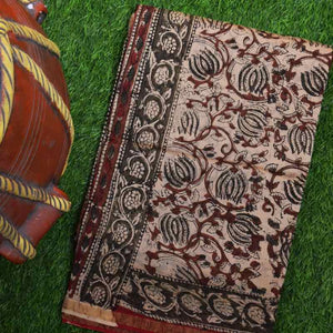 Cream Bagru Block Print Chanderi Silk Saree - SSEthnics