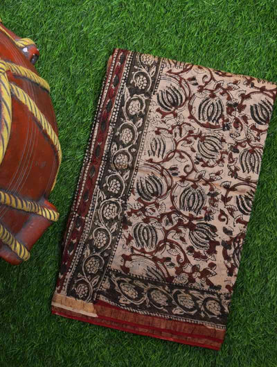 Cream Bagru Block Print Chanderi Silk Saree - SSEthnics