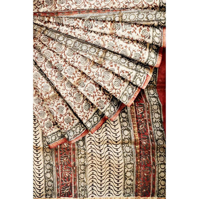 Cream Bagru Block Print Chanderi Silk Saree - SSEthnics