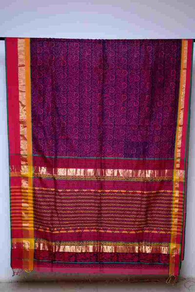 Pink Handloom Maheshwari Silk Blockprinted Saree - SSEthnics
