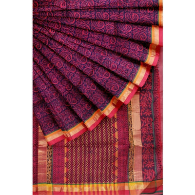 Pink Handloom Maheshwari Silk Blockprinted Saree - SSEthnics