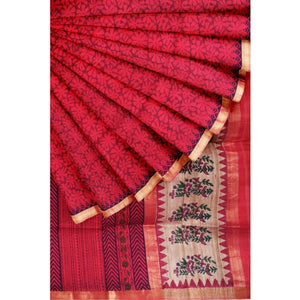 Pink Handloom Maheshwari Silk Blockprinted Saree - SSEthnics