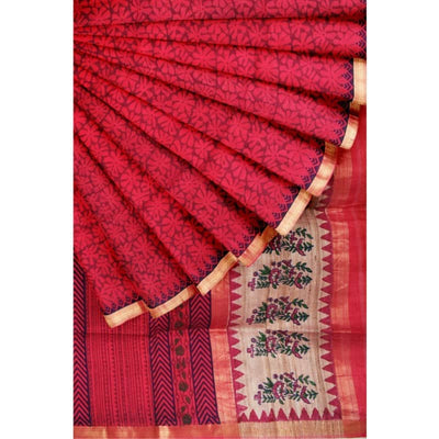 Pink Handloom Maheshwari Silk Blockprinted Saree - SSEthnics
