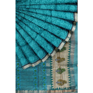 Sea Green Handloom Maheshwari Silk Blockprinted Saree - SSEthnics