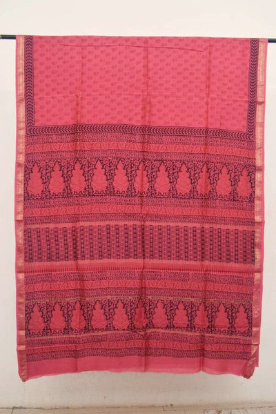 Pink Bagh Maheshwari Silk Block Print Saree - SSEthnics