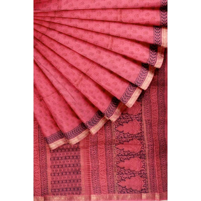 Pink Bagh Maheshwari Silk Block Print Saree - SSEthnics