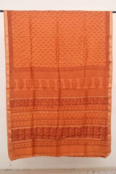 Mustard-Orange Bagh Maheshwari Silk Block Print Saree - SSEthnics