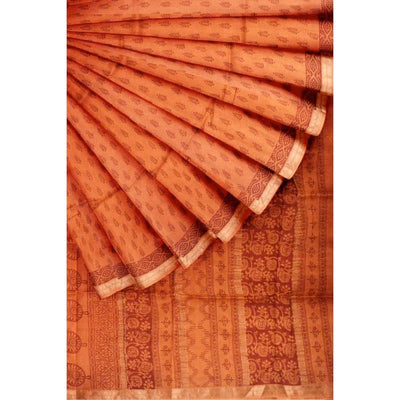 Mustard-Orange Bagh Maheshwari Silk Block Print Saree - SSEthnics