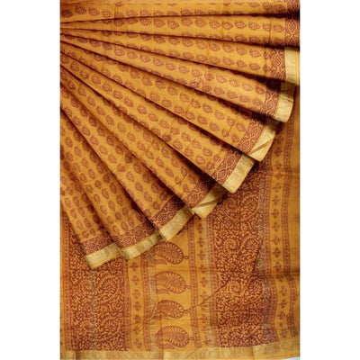 Mustard Bagh Maheshwari Silk Block Print Saree - SSEthnics
