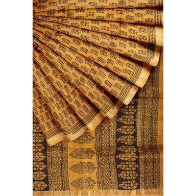 Mustard Bagh Maheshwari Silk Block Print Saree - SSEthnics