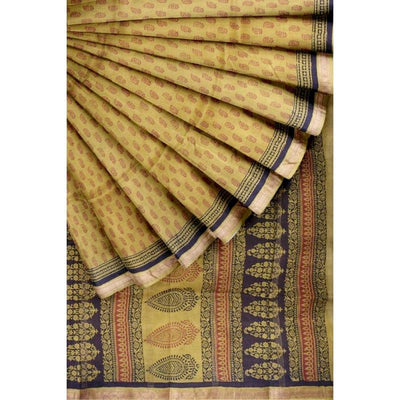 Light Olive Bagh Maheshwari Silk Block Print Saree - SSEthnics
