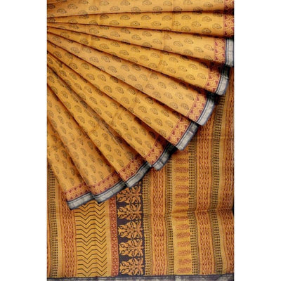 Mustard Bagh Maheshwari Silk Block Print Saree - SSEthnics