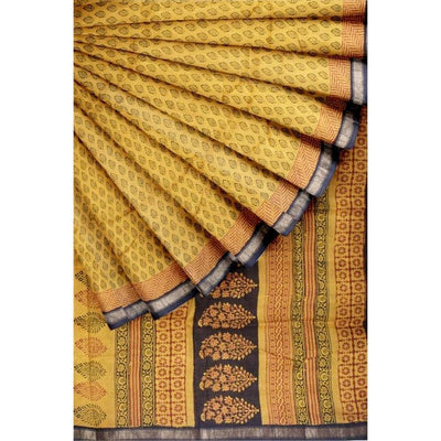 Yellow Bagh Maheshwari Silk Block Print Saree - SSEthnics