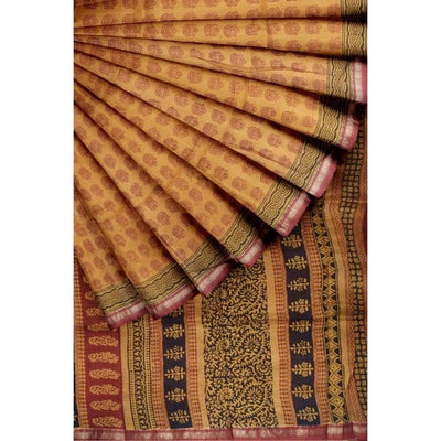 Mustard Bagh Maheshwari Silk Block Print Saree - SSEthnics