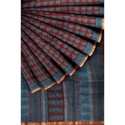 Blue Bagh Maheshwari Silk Block Print Saree - SSEthnics