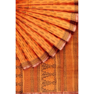 Orange Bagh Maheshwari Silk Block Print Saree - SSEthnics