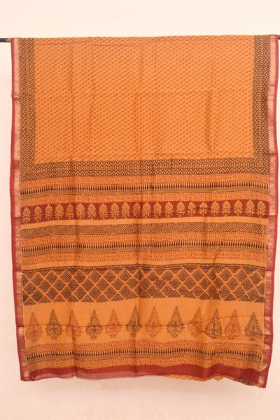 Orange Bagh Maheshwari Silk Block Print Saree - SSEthnics