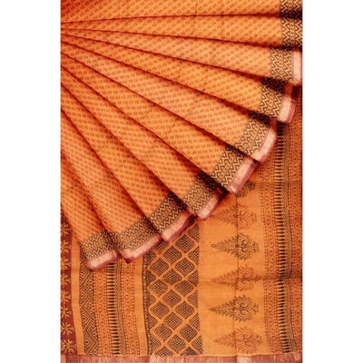 Orange Bagh Maheshwari Silk Block Print Saree - SSEthnics