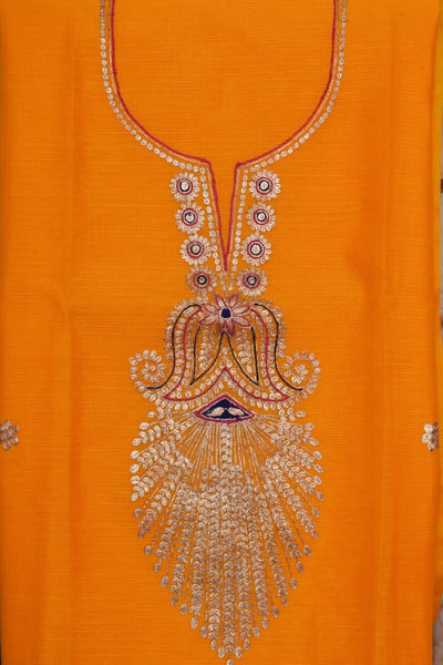 Yellow Cotton Silk Pittan Embroidered Kurti Fabric - SSEthnics