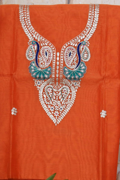 Orange Cotton Silk Pittan Embroidered Kurti Fabric - SSEthnics