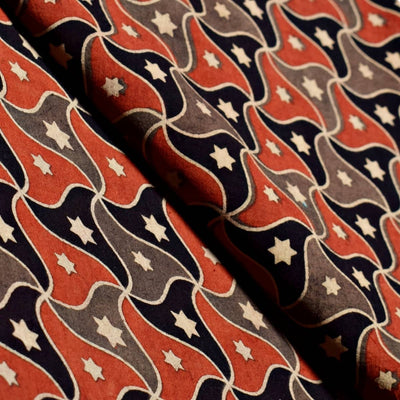 Brown Ajrakh Inspired Triple Colour Screen Print Fabric - SSEthnics