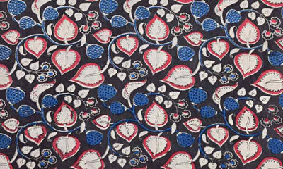 Black Kalamkari Inspired Screen Print Fabric - SSEthnics