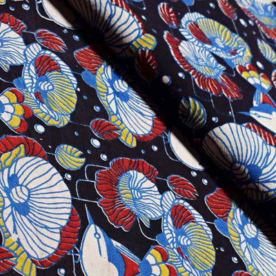 Black Kalamkari Inspired Screen Print Fabric - SSEthnics