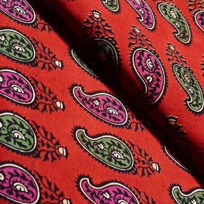 Red Kalamkari Inspired Screen Print Fabric - SSEthnics