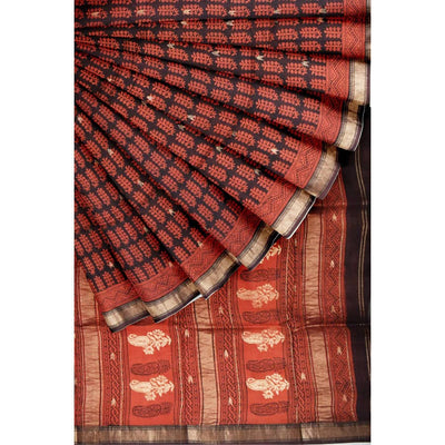 Orange Red Handloom Bagh Maheshwari Silk Saree with Zari Bootis - SSEthnics
