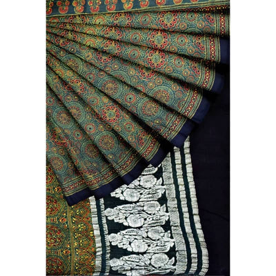 Green Ajrakh Modal Silk Saree with Banarasi Pallu - SSEthnics