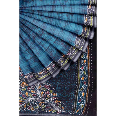 Sea Green Kalam Batik Cotton Saree - SSEthnics