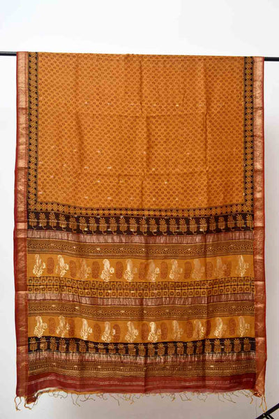 Brown - Handwoven Merino Wool Bagh Block Print Saree 05