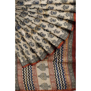 Cream Bagru Block Print Chanderi Silk Saree - SSEthnics