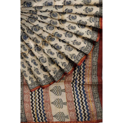 Cream Bagru Block Print Chanderi Silk Saree - SSEthnics