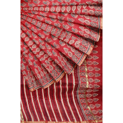 Red Bagru Block Print Chanderi Silk Saree - SSEthnics