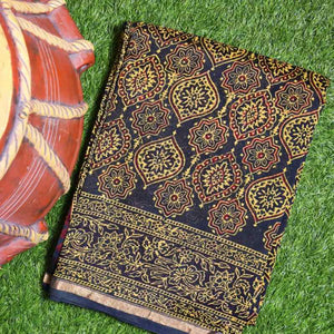 Dark Green Bagru Block Print Chanderi Silk Saree - SSEthnics