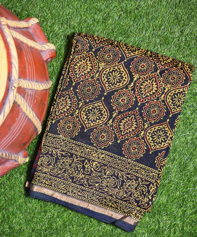 Dark Green Bagru Block Print Chanderi Silk Saree - SSEthnics