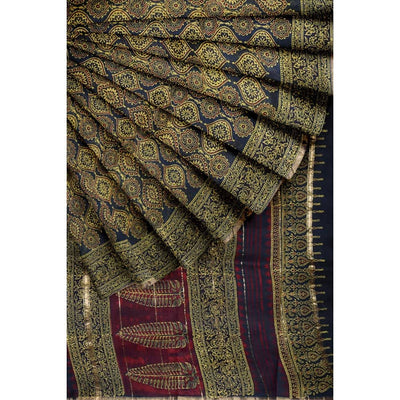 Dark Green Bagru Block Print Chanderi Silk Saree - SSEthnics