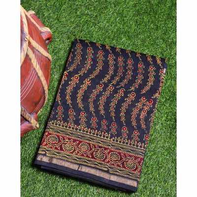 Dark Green Bagru Block Print Chanderi Silk Saree - SSEthnics