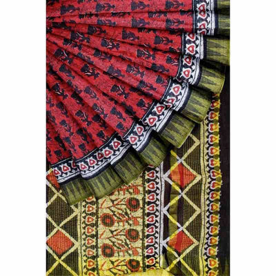Red Cotton Silk Screen Print Saree - SSEthnics