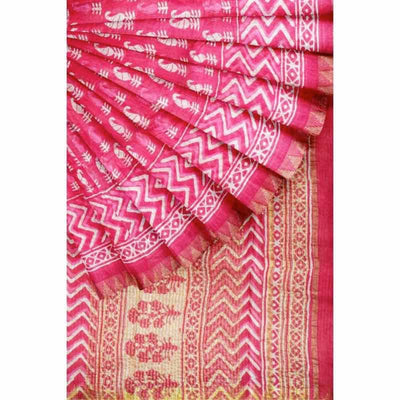 Pink Cotton Silk Screen Print Saree - SSEthnics